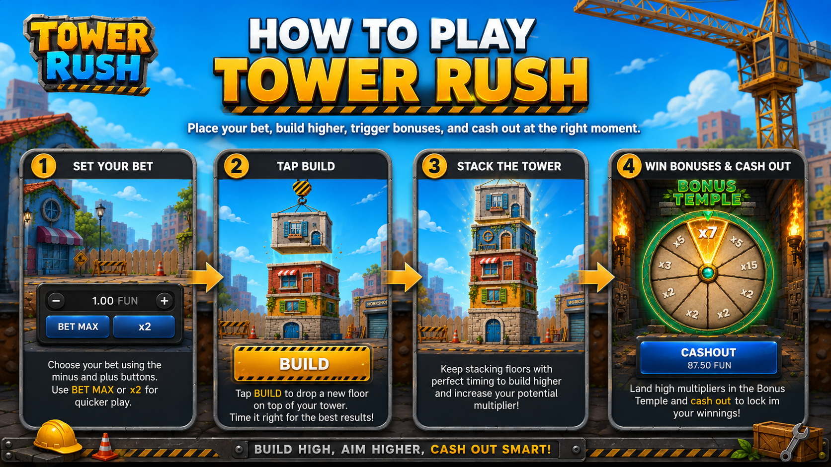 How to play the Tower Rush game - set a bet, press Build, then Cash Out in Pakistan