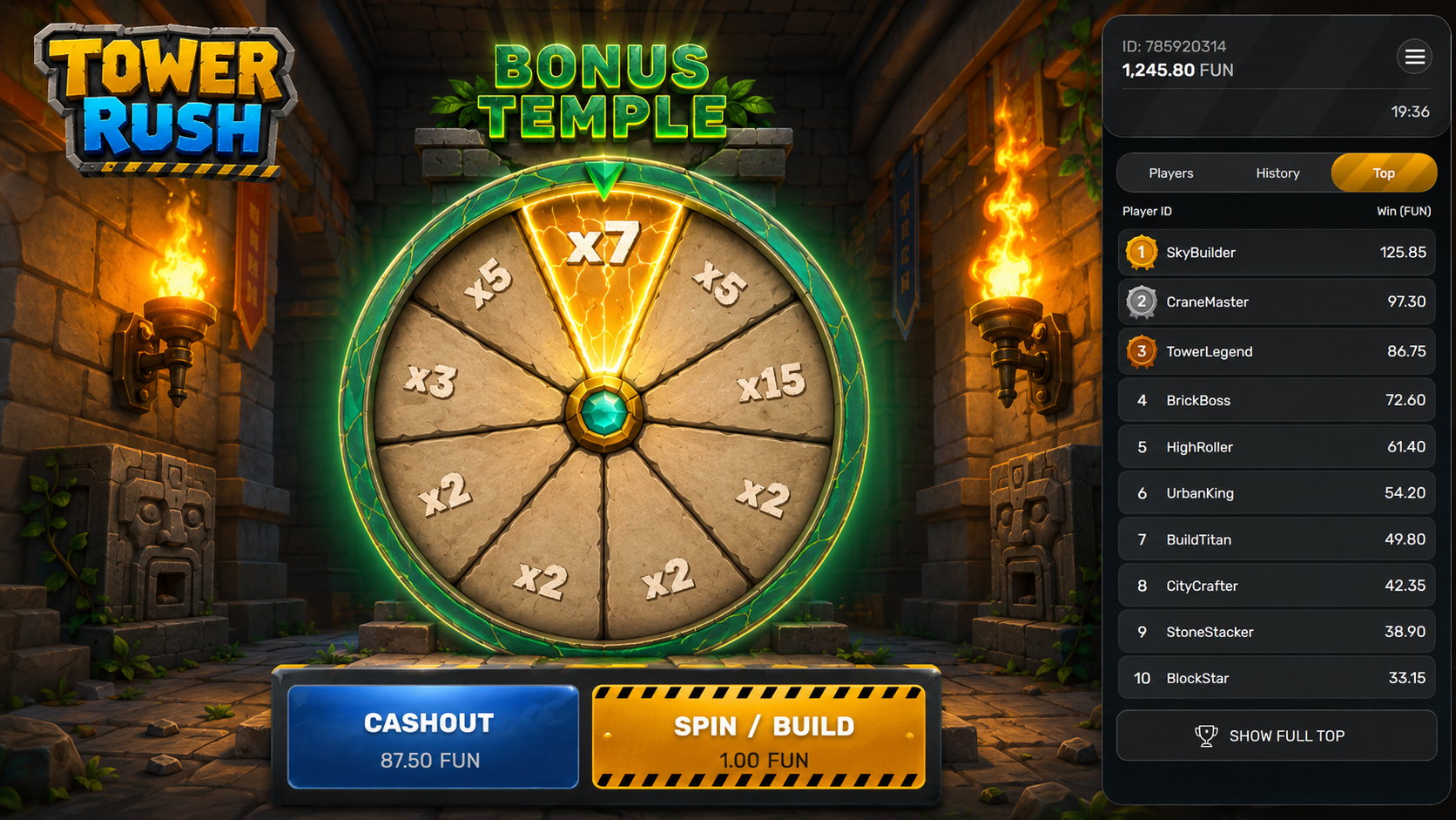 Tower Rush game Bonus Temple wheel with multipliers from x1.5 to x7 in Pakistan